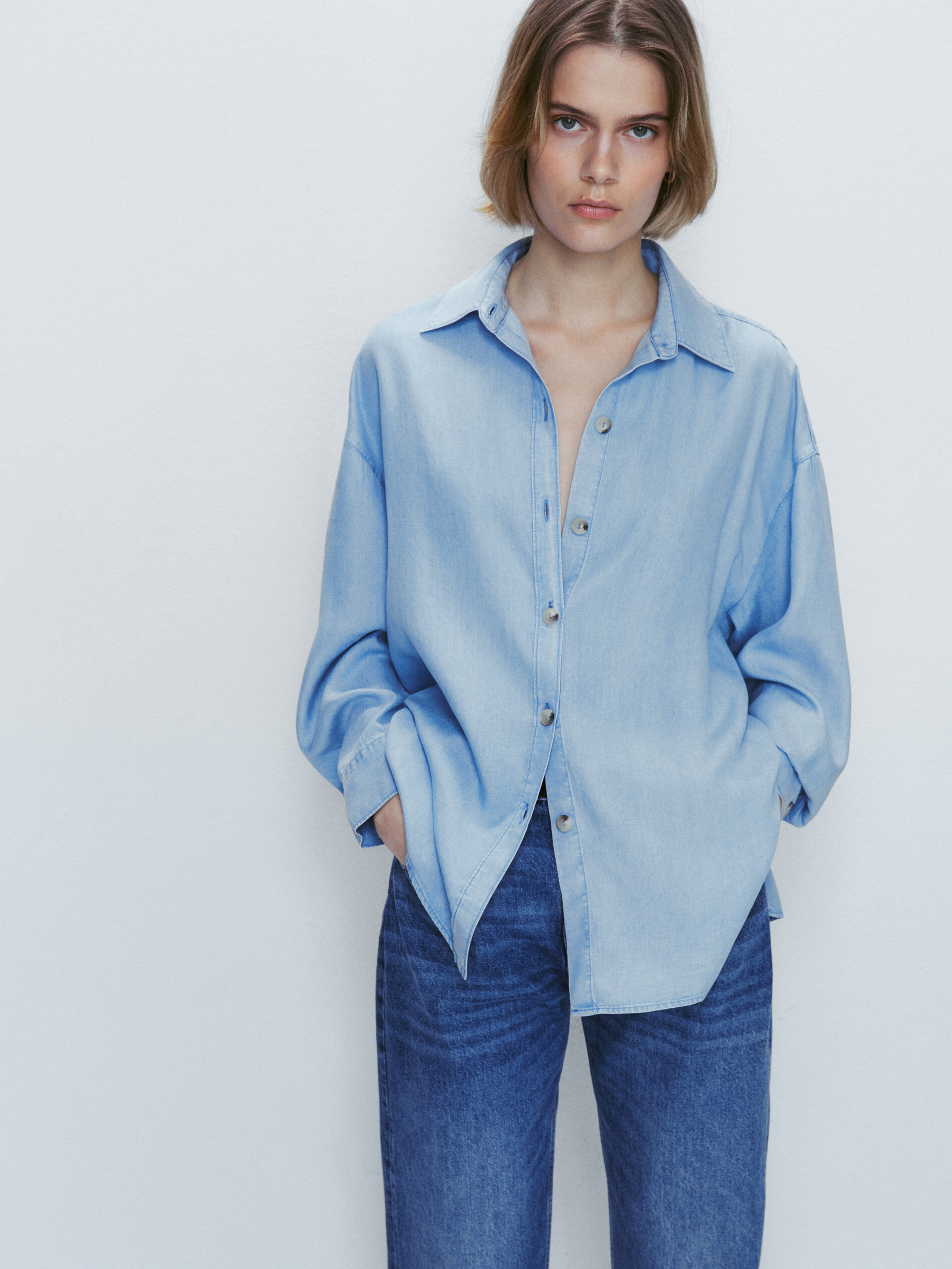 Camisa fluida com efeito jeans - AZUL MÉDIO