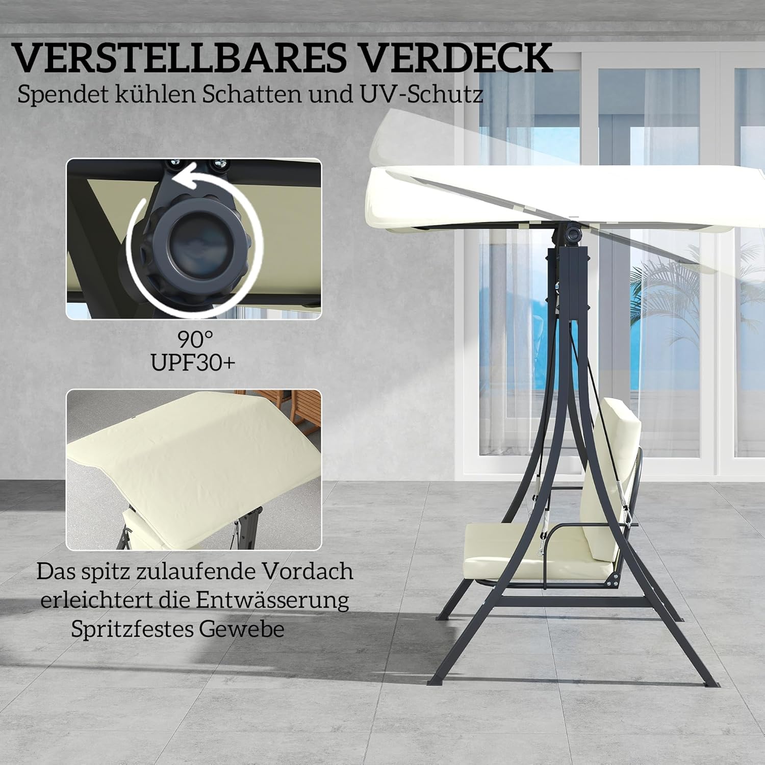 Outsunny Hollywoodschaukel mit verstellbarem Sonnendach Sitzauflage, 2-Sitzer Gartenschaukel belastbar bis 220kg, UV 30+ Schaukelbank für Garten, Terrasse, 150x120x182cm, Cremeweiß