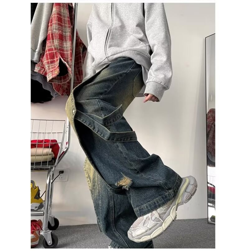 Kenning - Mid Rise Distressed Strappy Wide Leg Jeans