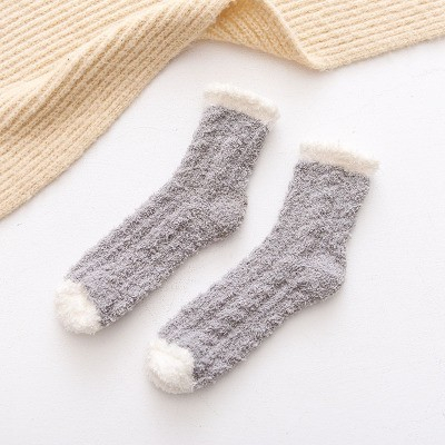 (1 Paar) Damen Kuschel Socken Wintersocken Füsslinge Flauschige Bettsocken (One Size) - Grau / Weiss