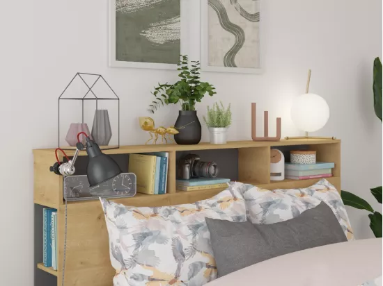 Tête de lit avec rangements NASTIA - 160 cm - Chêne et anthracite