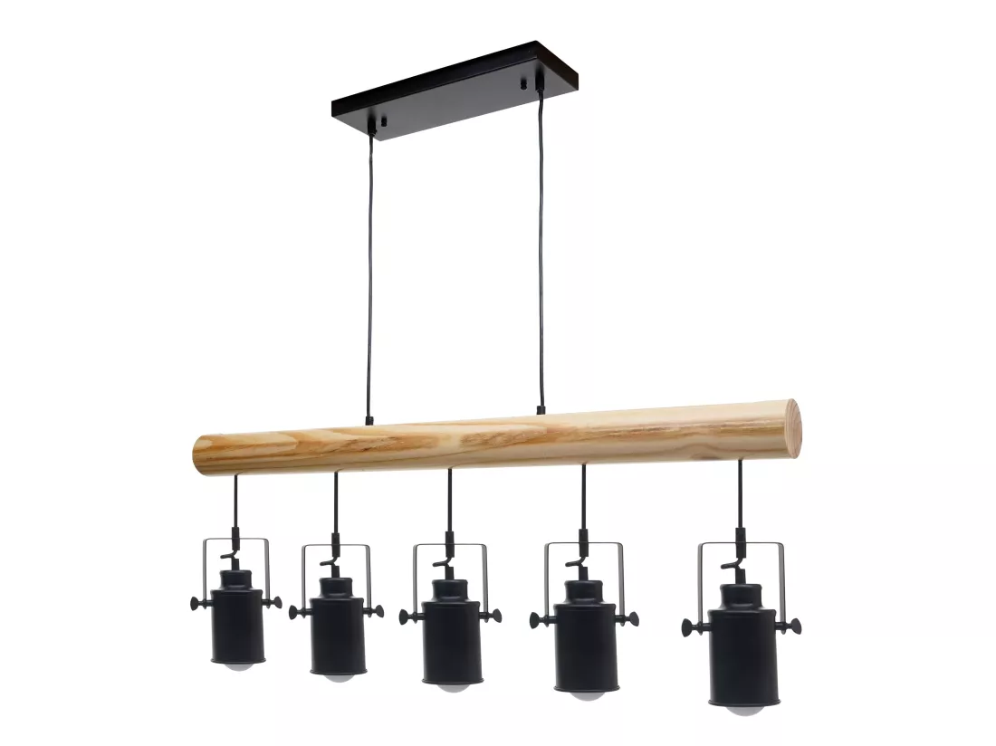 Lampe à suspension style industriel en métal et bois massif vintage industriel noir abat-jour à 5 spots 04_0003601