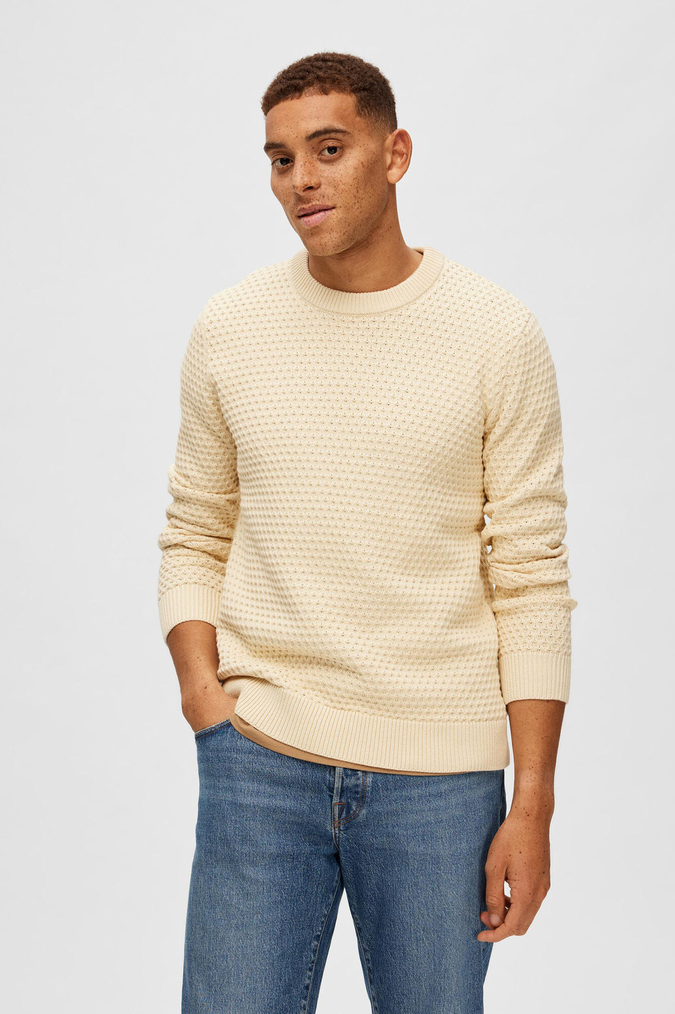 Suéter masculino de algodão orgânico com gola redonda - Branco