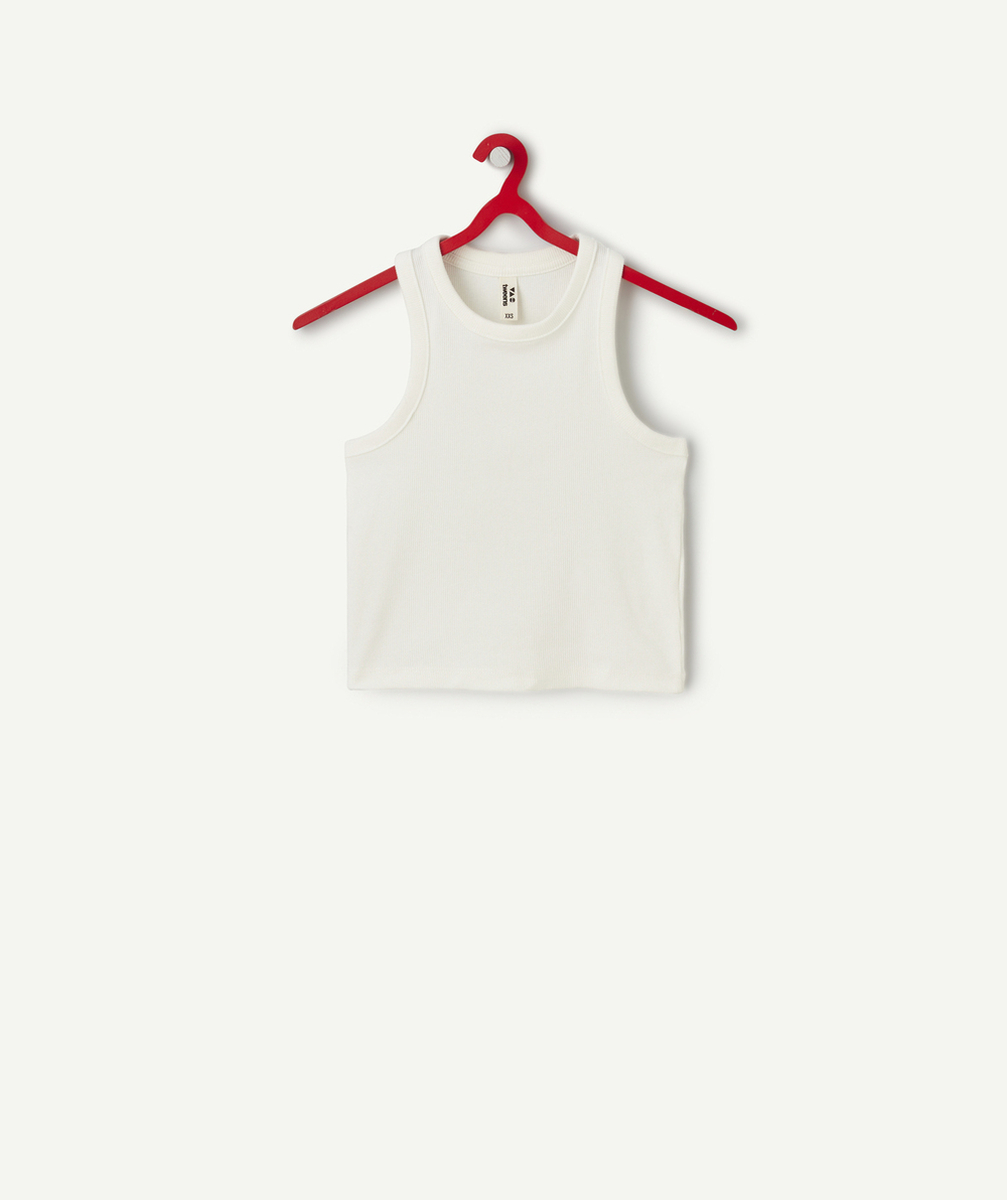débardeur court fille en coton bio côtelé blanc