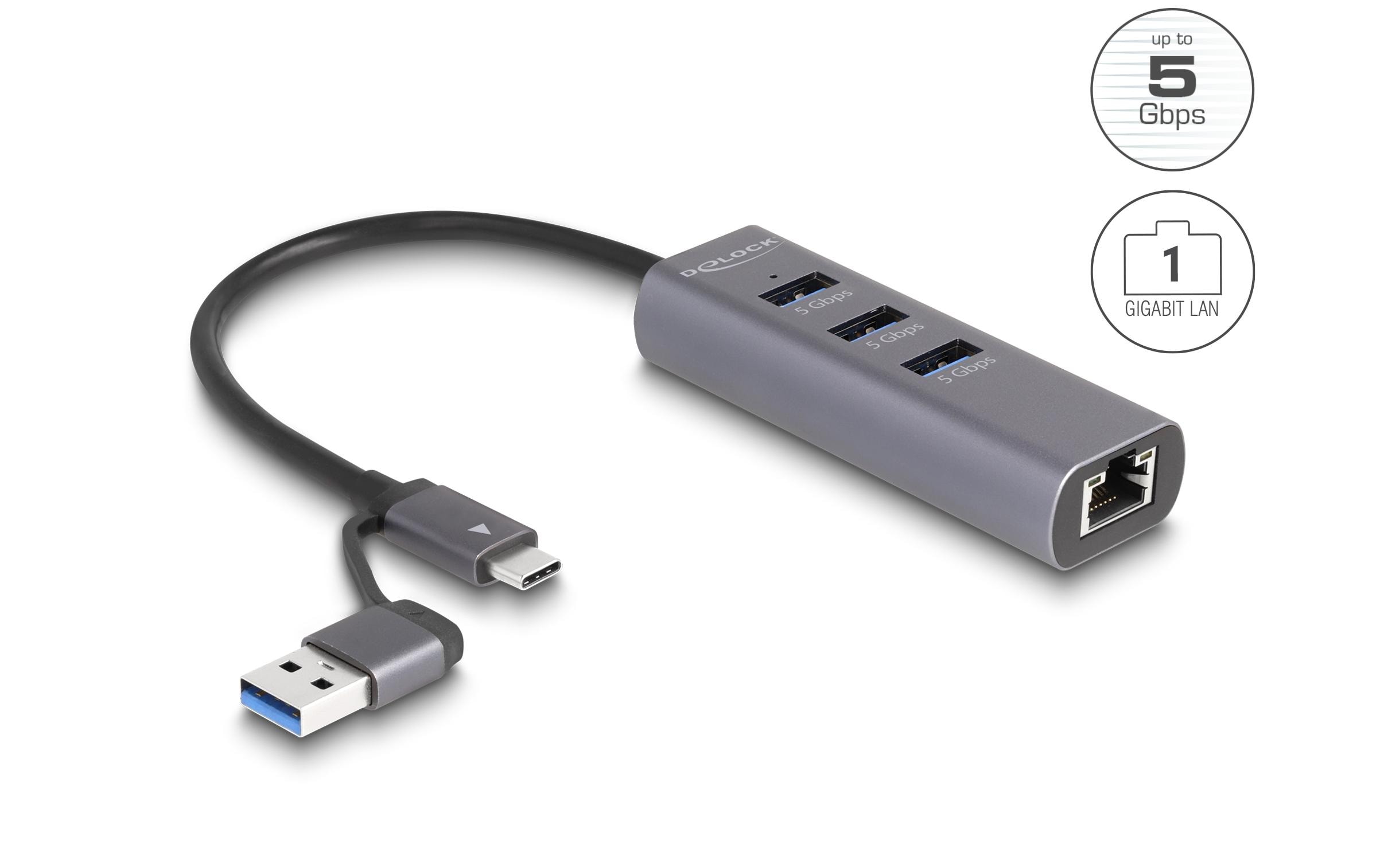 Netzwerk-Adapter 5 Gbps USB Typ-A/USB Typ-CDelock 3 Port USB 5 Gbps Hub + Gigabit LAN mit USB Type-C oder USB Typ-A Anschluss im Metallgehäuse