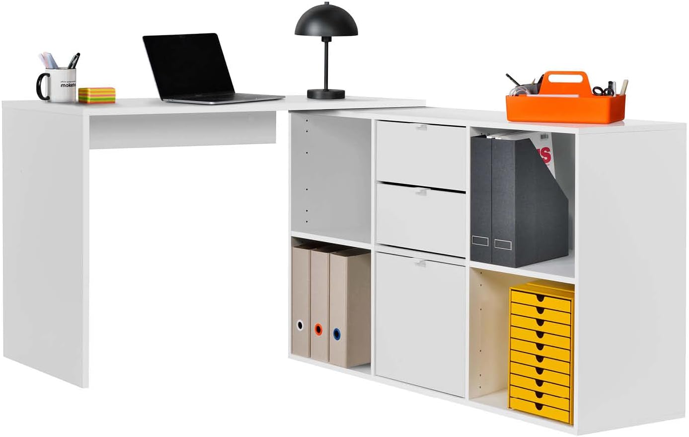 mokebo Eckschreibtisch klein in Weiß mit Schubladen & Fächern 'Der Produktive', auch als Schreibtisch oder Arbeitstisch im Büro, Kinderschreibtisch oder Gaming Tisch 112x77x54 (B/H/T in cm)