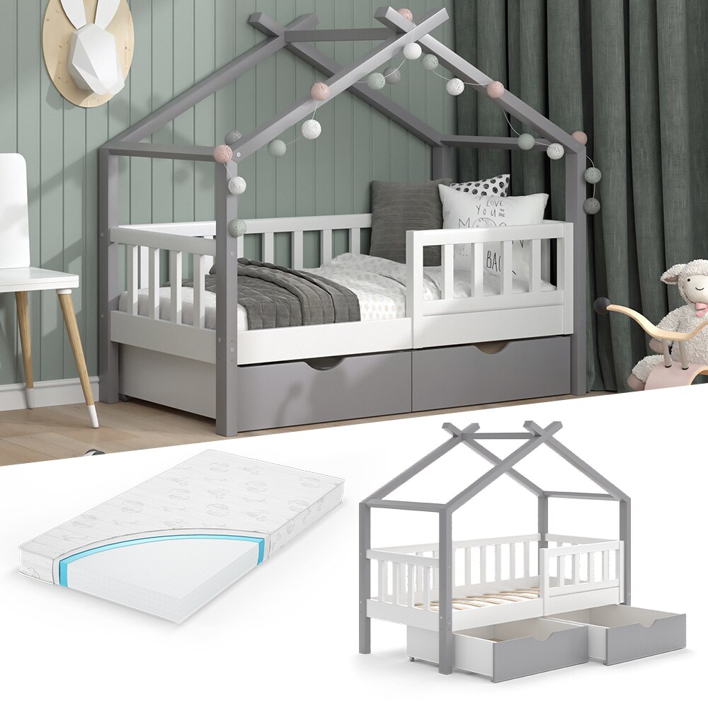VitaliSpa Kinderbett Hausbett Einzelbett Design Weiß Grau modern 70x140 cm Kinderzimmer Bett Massivholz Lattenrost Schublade Rausfallschutz Schubladenbett Matratze