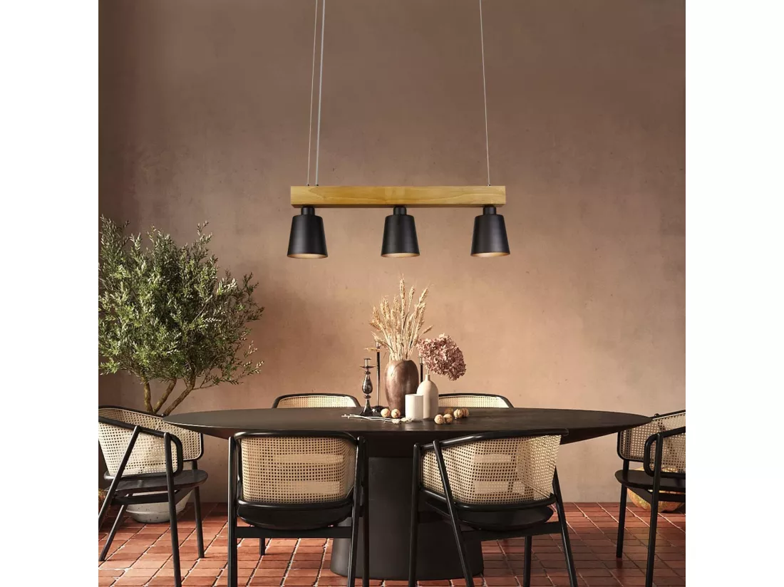 NETTLIFE Suspension bois noir E27 MAX.25W Diam.150cm 70x14x23CM table à manger 3 flammes vintage pour salle à manger bureau chambre cuisine bohème