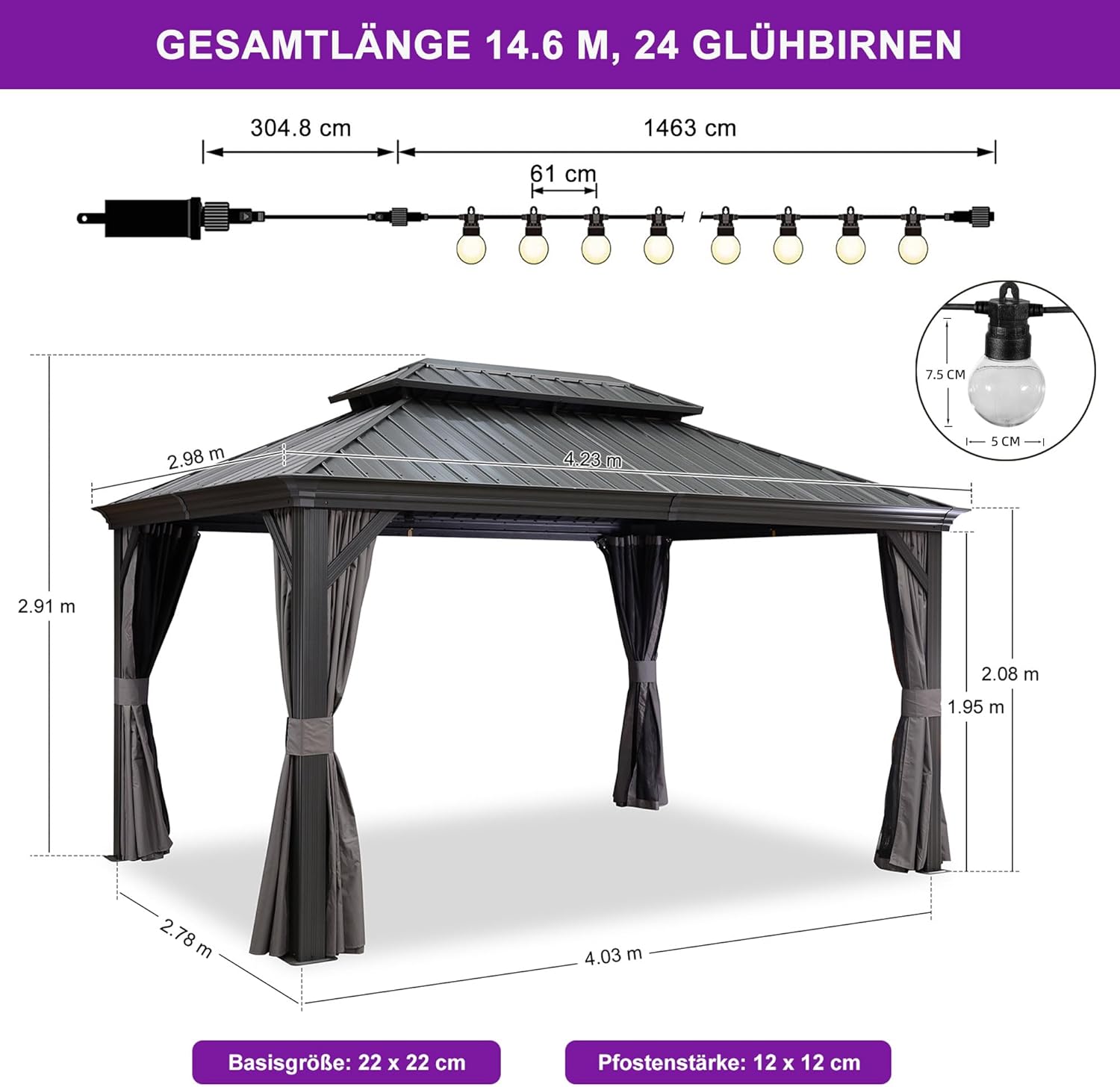 PURPLE LEAF Alu Pavillon 3 x 4.25 m Wasserdicht Stabil Winterfest Gartenpavillon mit Seitenteile Hardtop Pavillon 14.6 m 24 LED Lichterketten, Grau