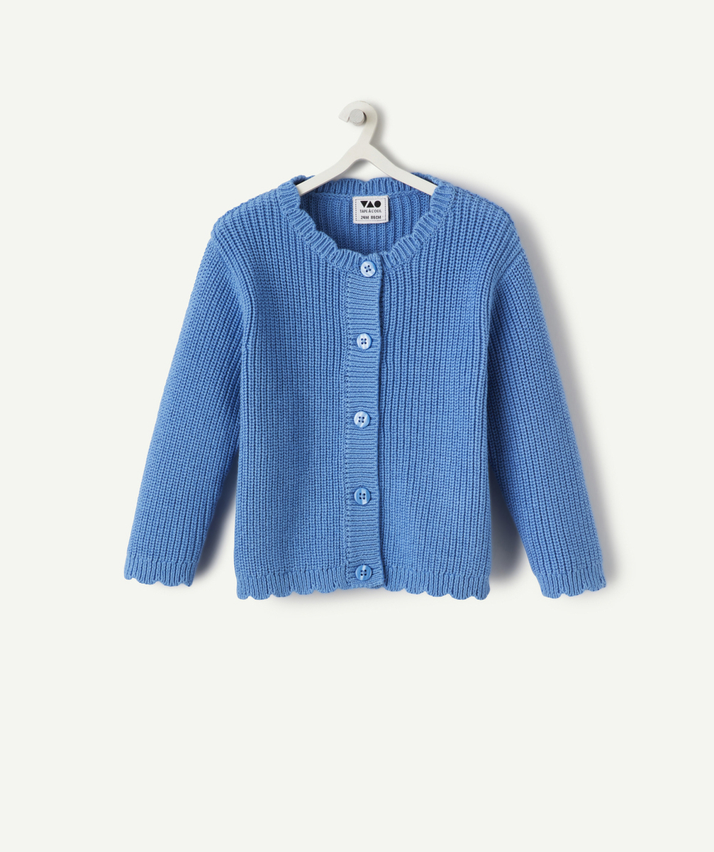 gilet en tricot bébé fille bleu en coton bio avec bords fantaisies