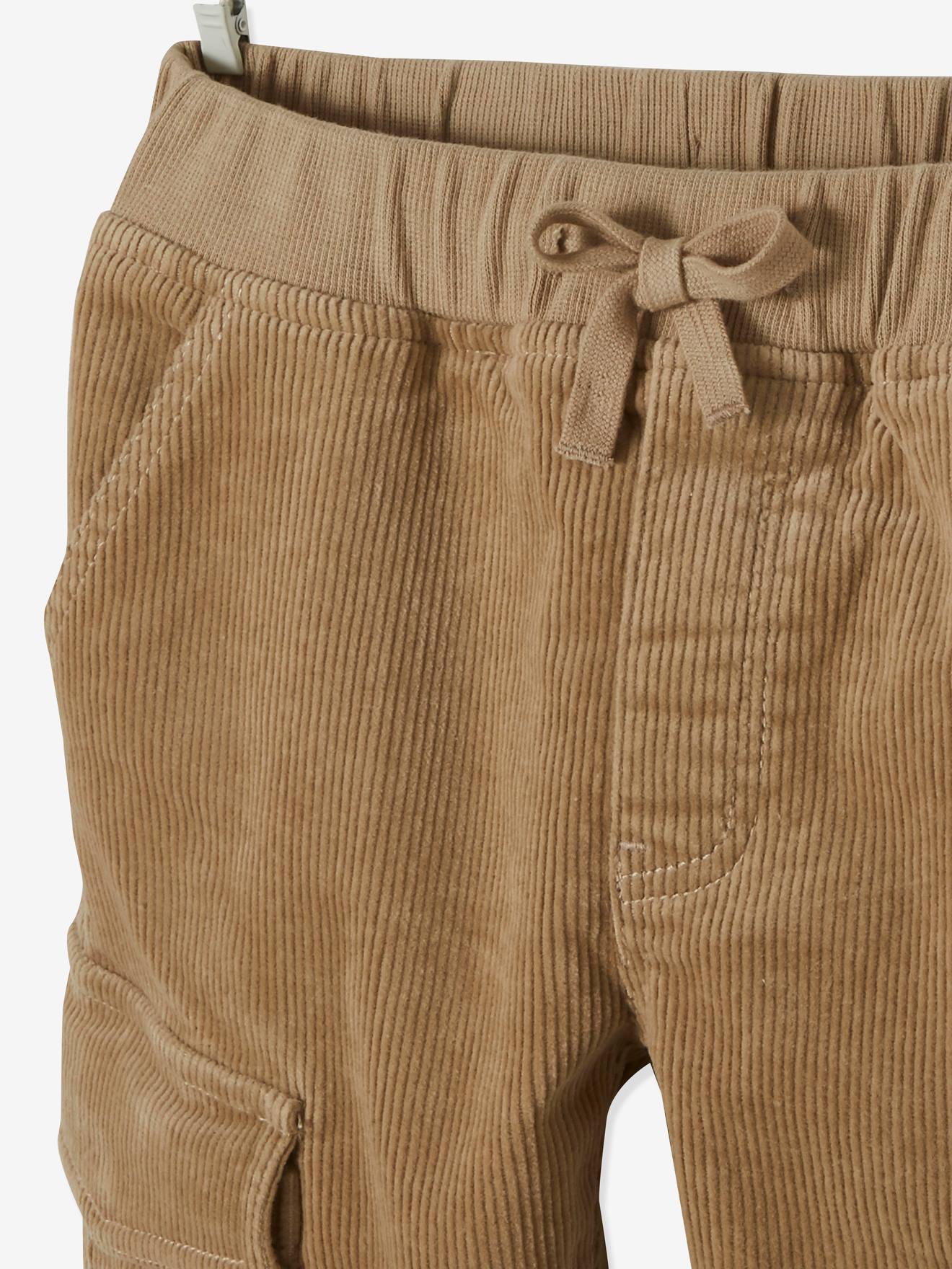 Calças cargo de veludo cotelê fáceis de usar para meninos, bege claro liso com estampas.