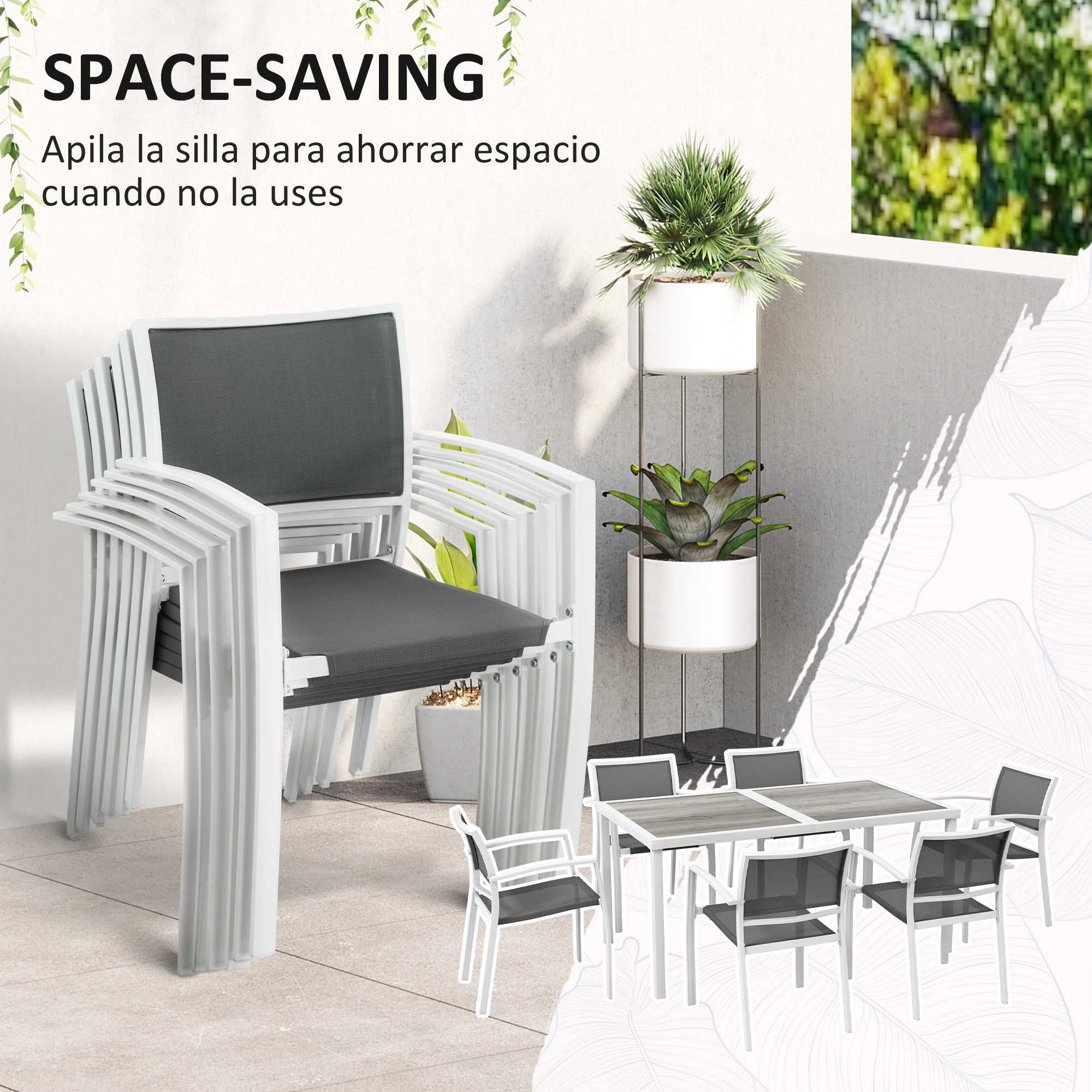 Conjunto de jantar para exterior Outsunny de 7 peças, conjunto de jantar para jardim com 1 mesa e 6 cadeiras empilháveis, estilo moderno para terraço e pátio, branco e cinza.
