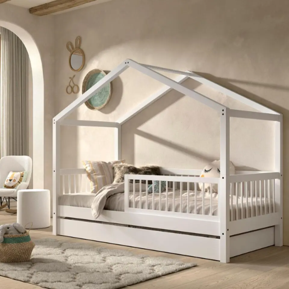 Huisbed Forrest 90x200cm met bedhekje en bedlade - wit beukenhout