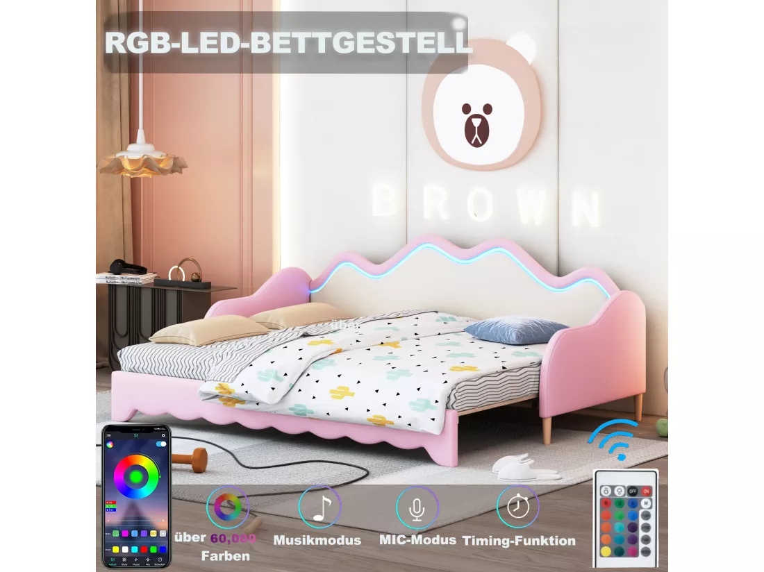 Lit gigogne 90/180 x 190 cm pour enfant - Canapé-lit - Cuir PU - LEDs - Rose