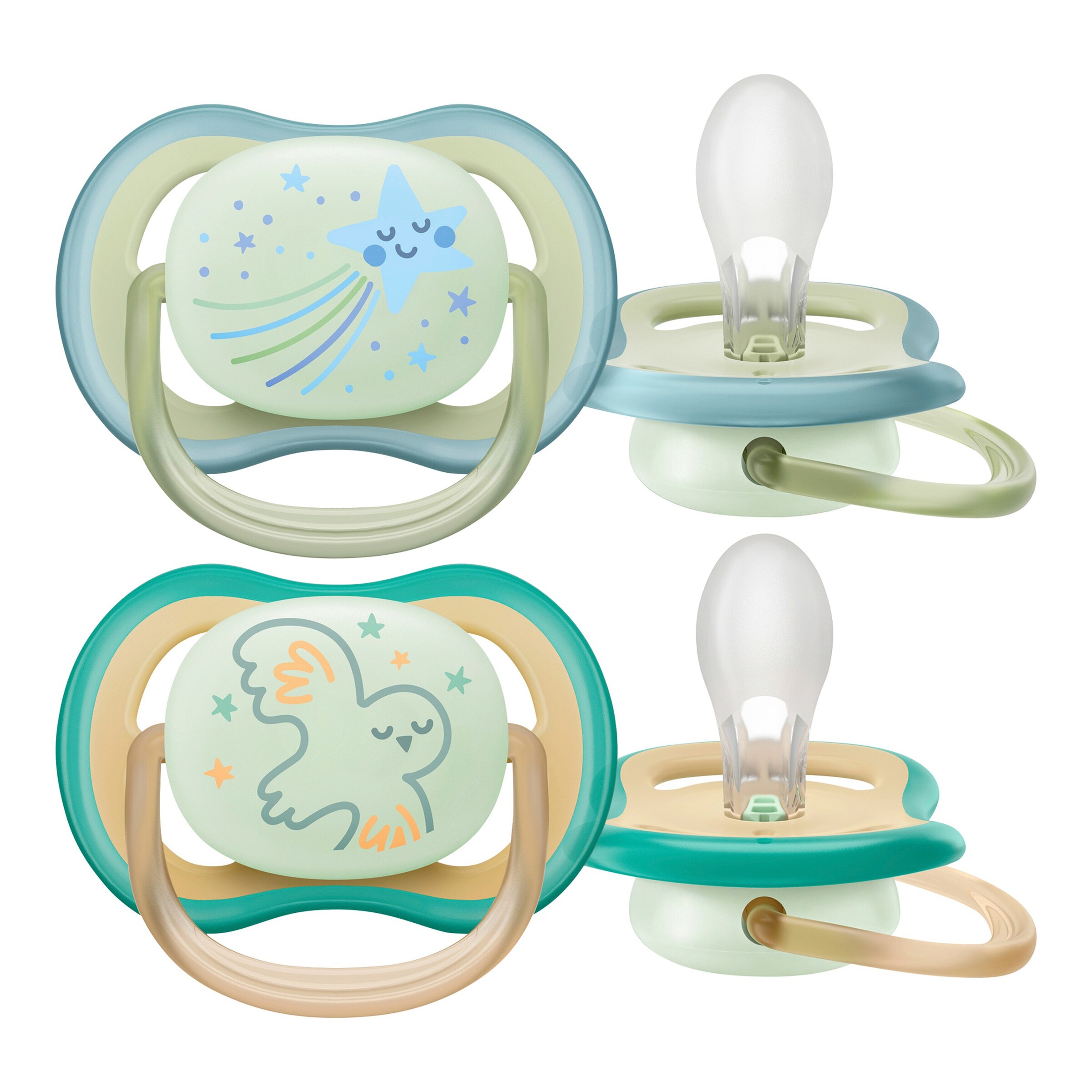 Philips Avent 2er-Pack Schnuller ultra air night, 0-6M gelb/blau