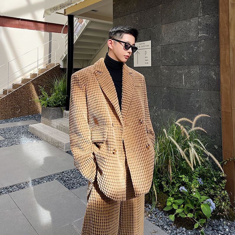 Adothuiastic - Corduroy blazer met dubbele rij knopen en piekrevers / Wijde pantalon met middelhoge taille