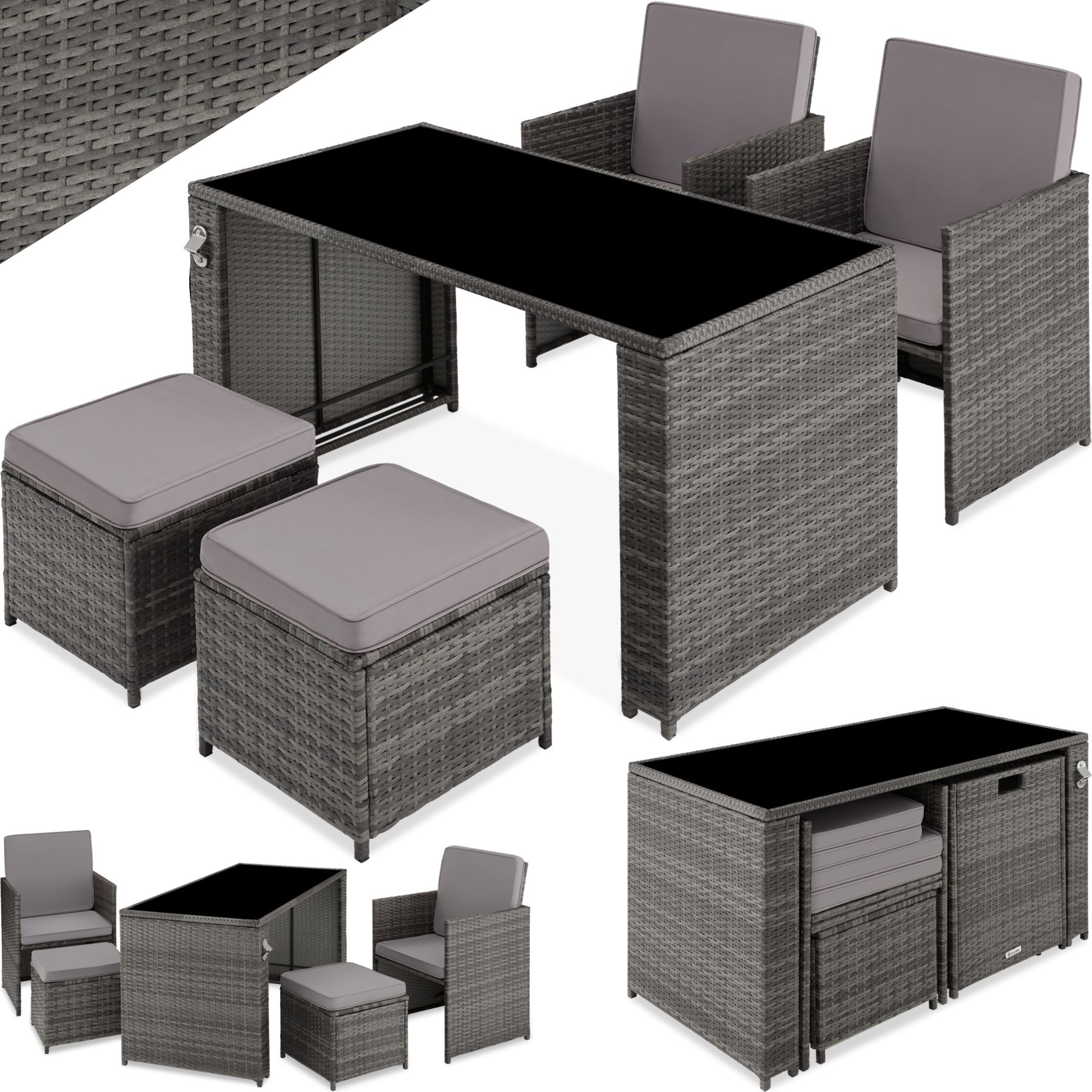 tectake® Rattan Sitzgruppe, für 2 bis 4 Personen, UV-beständig, inklusive Flaschenöffner, zusammenschiebbar