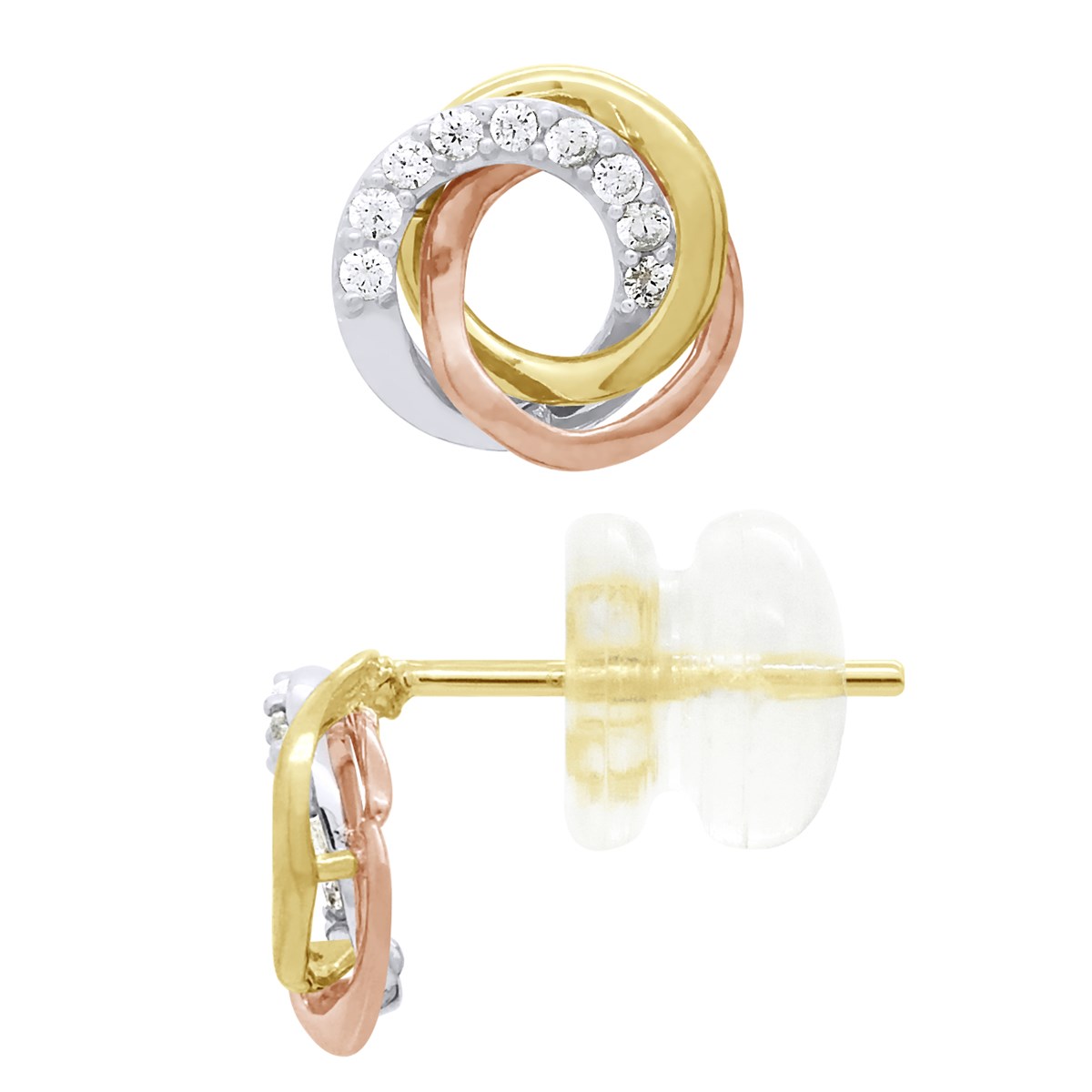 Boucles d'Oreilles Trois couleurs - 3 anneaux - Fidélité, Amour et Éternité serties d' Oxydes de Zirconium