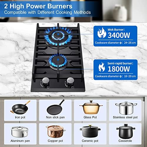 TopStrong Plaque de Cuisson Gaz 4 Feux, 60cm Plaque Gaz 4 Feux avec Sécurité Thermocouple, Cuisinière Encastrable, Naturel/Propane, 8060W, 220 240 V, Verre Noir : Gros électroménager