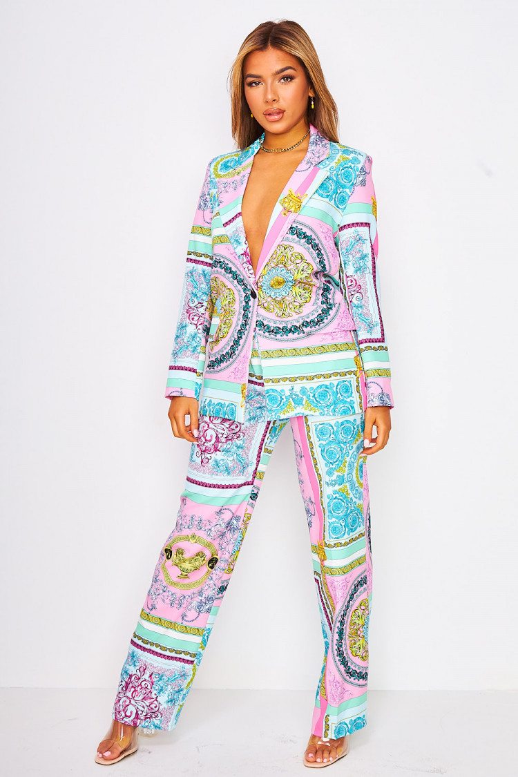 Veste de blazer bleu/rose imprimé baroque
