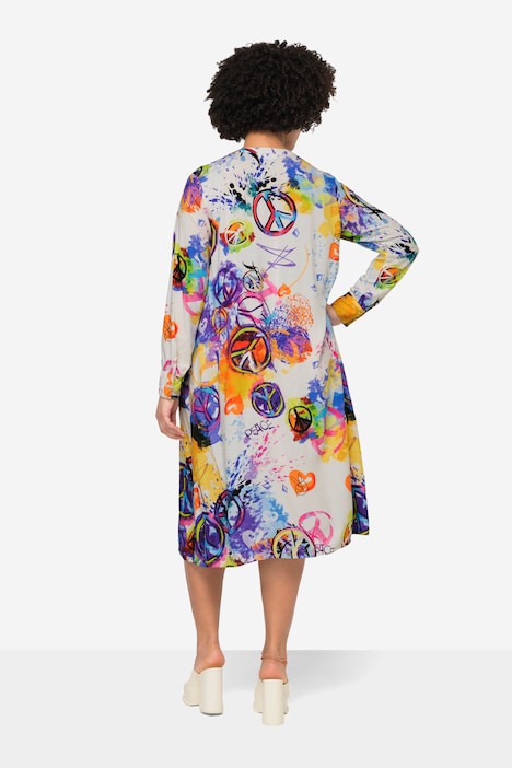 Kleid, Straight Fit, Peace-Motive, Tunika-Ausschnitt, Langarm
