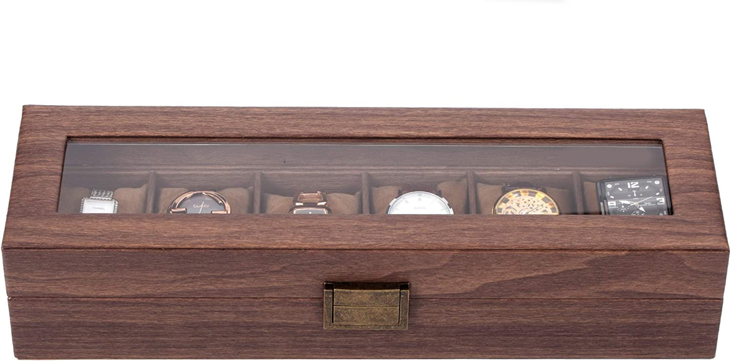 (6 Slots) Uhrenbox Schmuckschatulle Organizer mit Glasdeckel Holz Optik - Braun