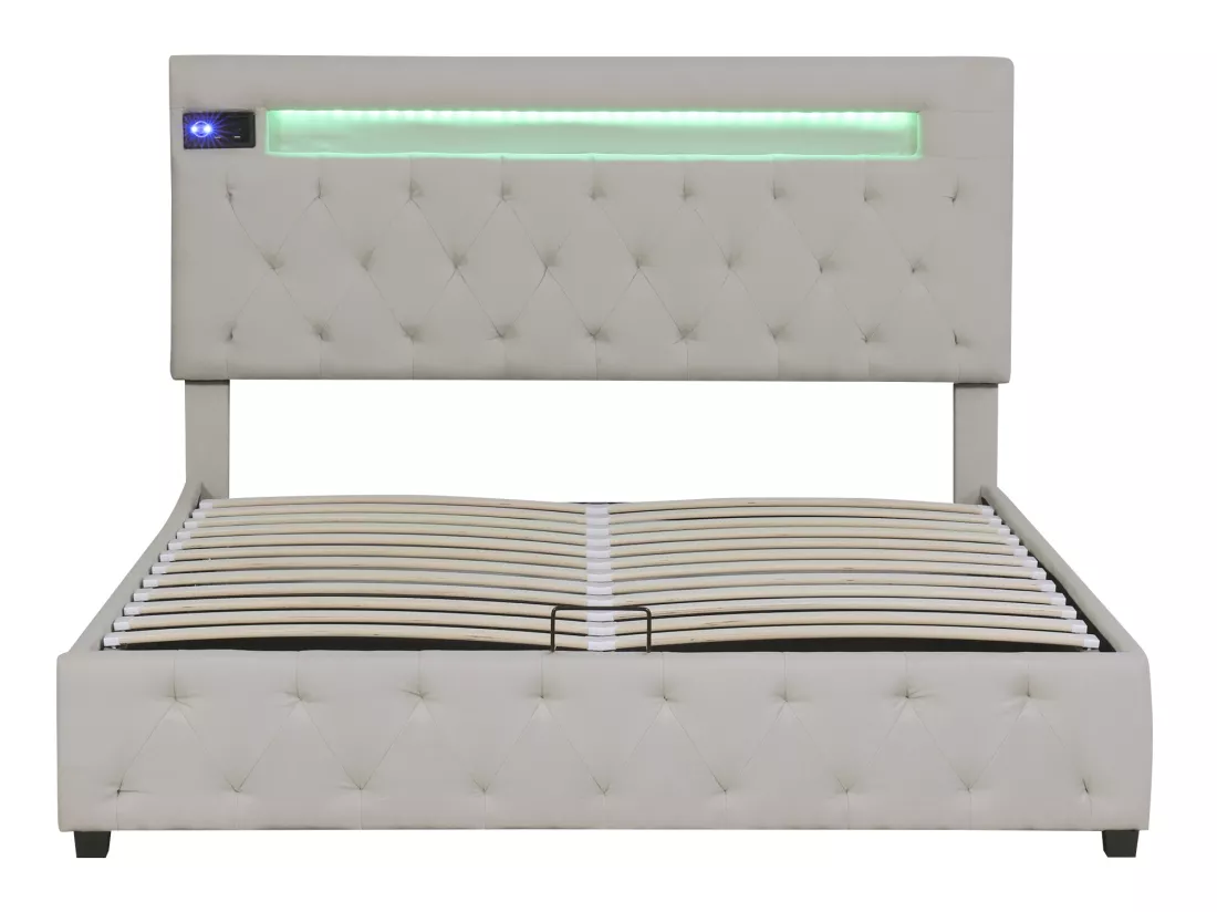 Lit coffre 140x200cm en lin avec Led + ports USB + lecteur bluetooth - sommier à lattes - Beige