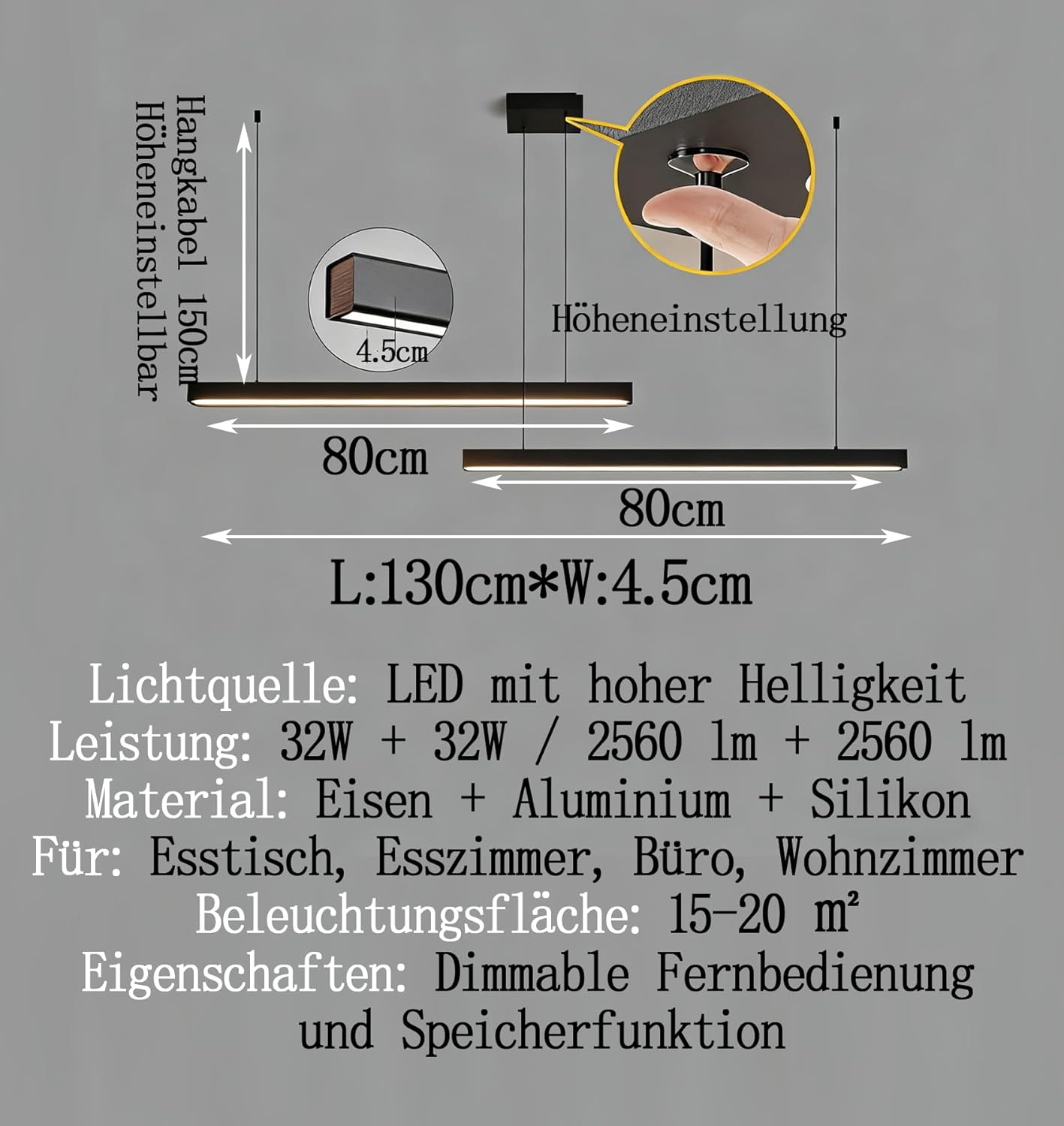 160cm Dimmbare LED Hängelampe esstisch,Schwarz Pendelleuchte mit Fernbedienung,64w Moderne Linear design Hängeleuchte,Esstischlampe hängend Höhenverstellbar Pendellampe,Esszimmerlampe,Bürolampe