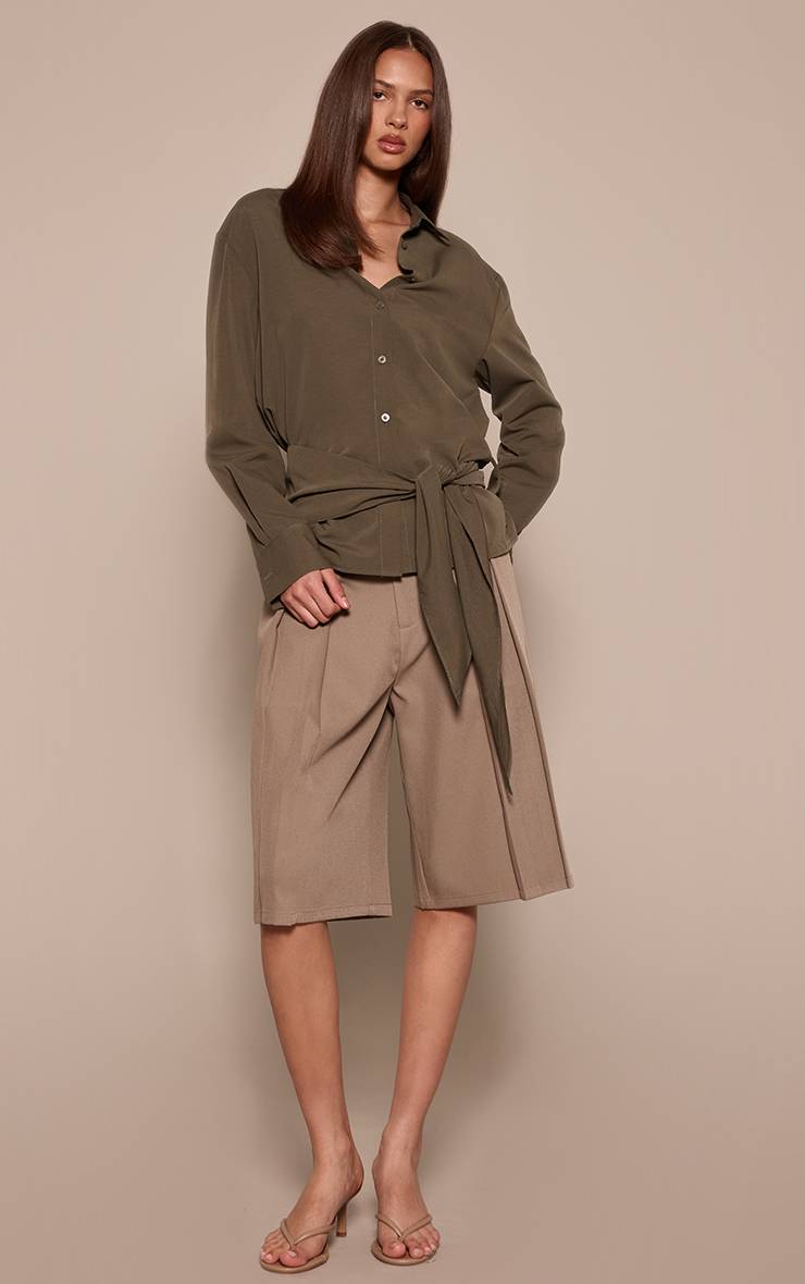 Vert Olive Foncé Chemise Oversize À Rayures Avec Taille Nouée