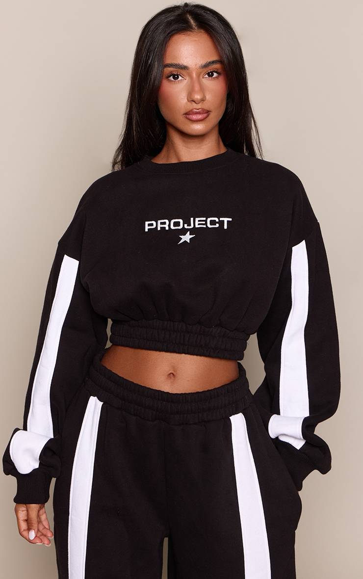 Noir Sweat-shirt Petite Graphique À Ourlet Élastiqué Raccourci