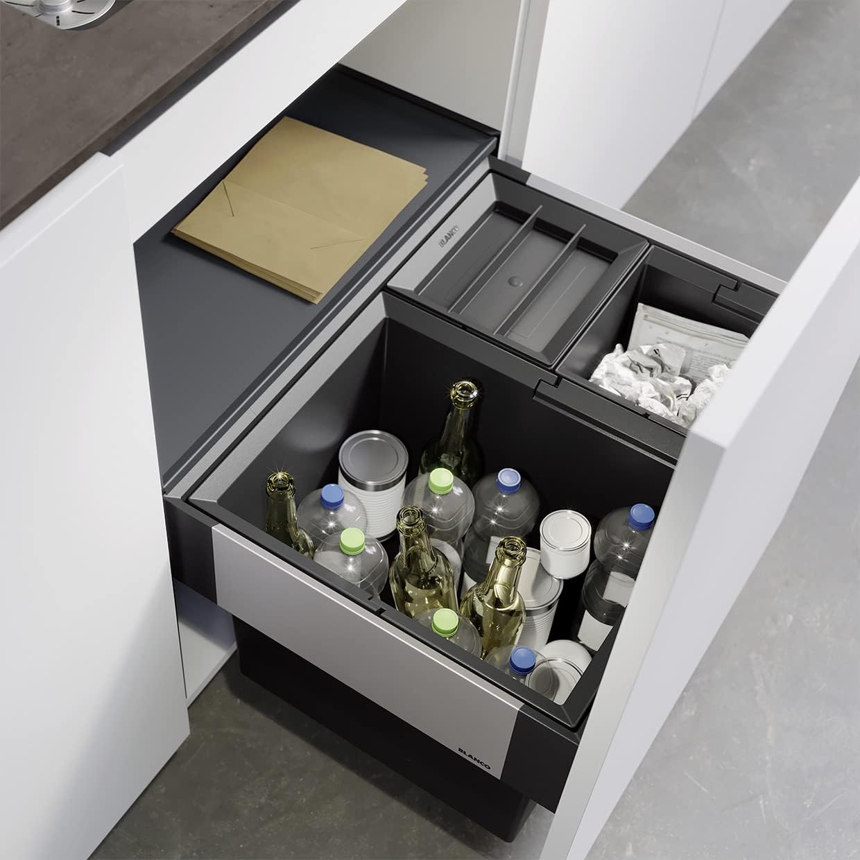 BLANCO SELECT II XL 60/3 | Abfall Müllsystem | für 60 cm breite Unterschränke | Auszugssystem zur Frontanbindung | 1 x 30l und 2 x 8l Eimer 1 x Eimerdeckel 8l | 400mm Auszugstiefe | [56,8x40x36,1cm]