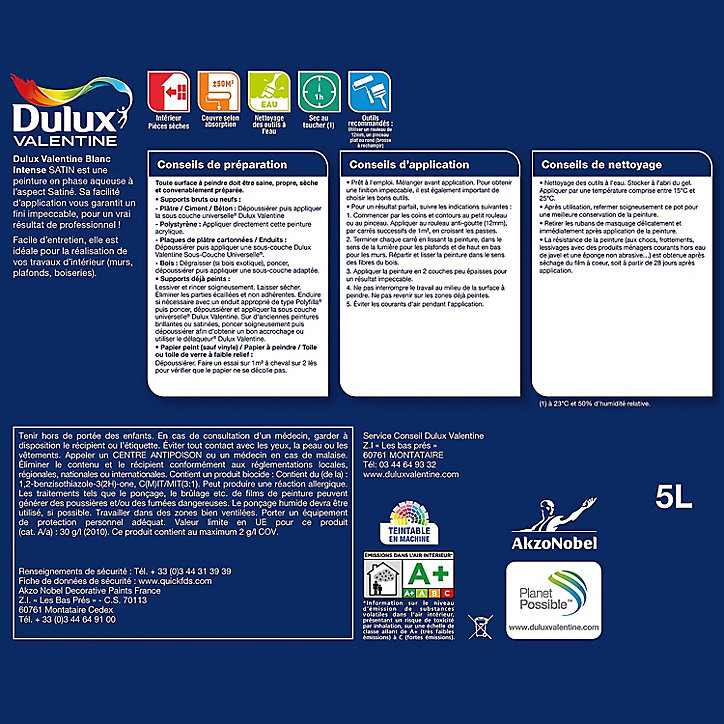 Peinture murs et plafonds phase aqueuse Dulux Valentine satin blanc 5L