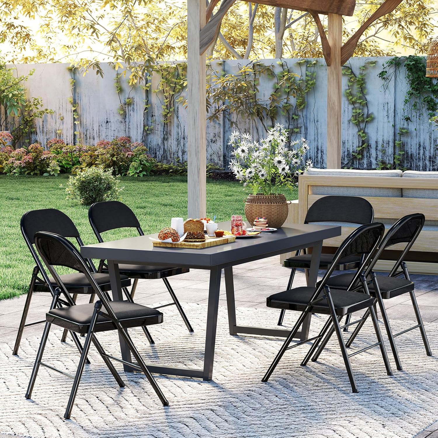 Klappstuhl 6er Set Gartenstuhl Klappbar, Wasserdicht Campingstuhl bis 158 KG Metall Klappsessel, Klappstühle für Gäste, Küche, Camping, Schwarz