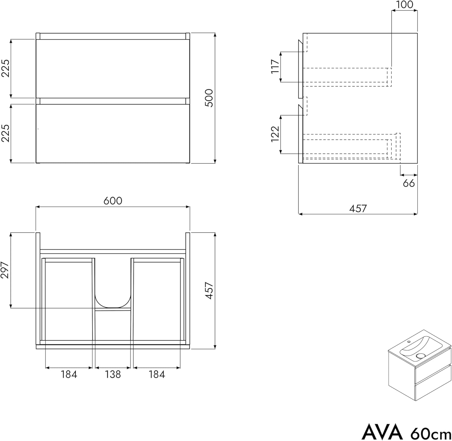 BERNSTEIN - Hängeschrank für Badezimmer, MDF, dunkelblau, matt, Waschbecken aus Mineralguss, weiß, matt, mit Hahnloch – 60 x 46 x 50 cm – AVA Cream