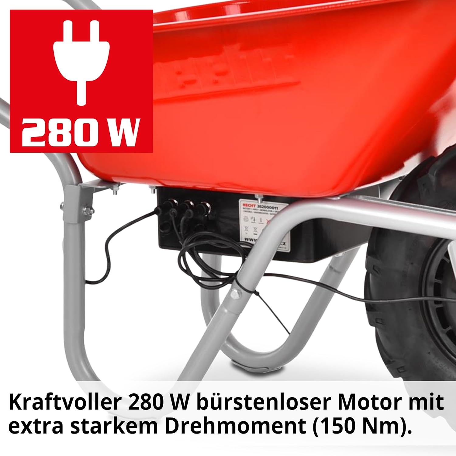 HECHT elektrische Schubkarre mit 80 Liter – 260 kg Tragkraft – 280 W Motor –Luftreifen auf Stahlfelge – pulverbeschichtete Stahlwanne – Motorschubkarre – Gartenkarre elektrisch – Elektro Dumper