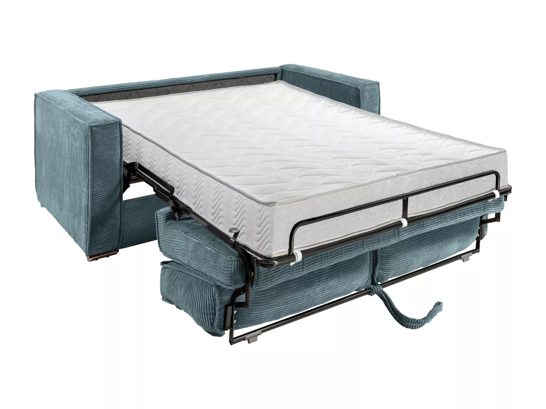 Canapé 3 places convertible express en velours côtelé bleu turquoise - Couchage à lattes larges 140 cm - Matelas 18 cm LORETO