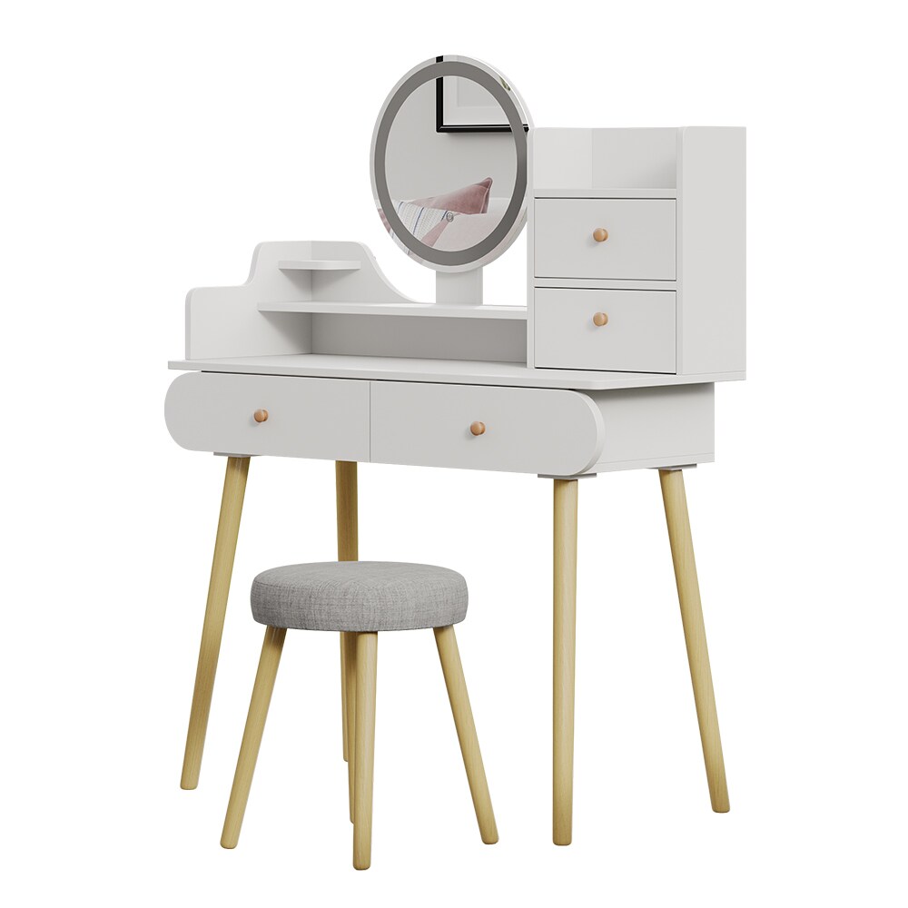 Vicco Schminktisch Edda LED-Spiegel Hocker 100 x 76 cm Weiß Frisiertisch modern
