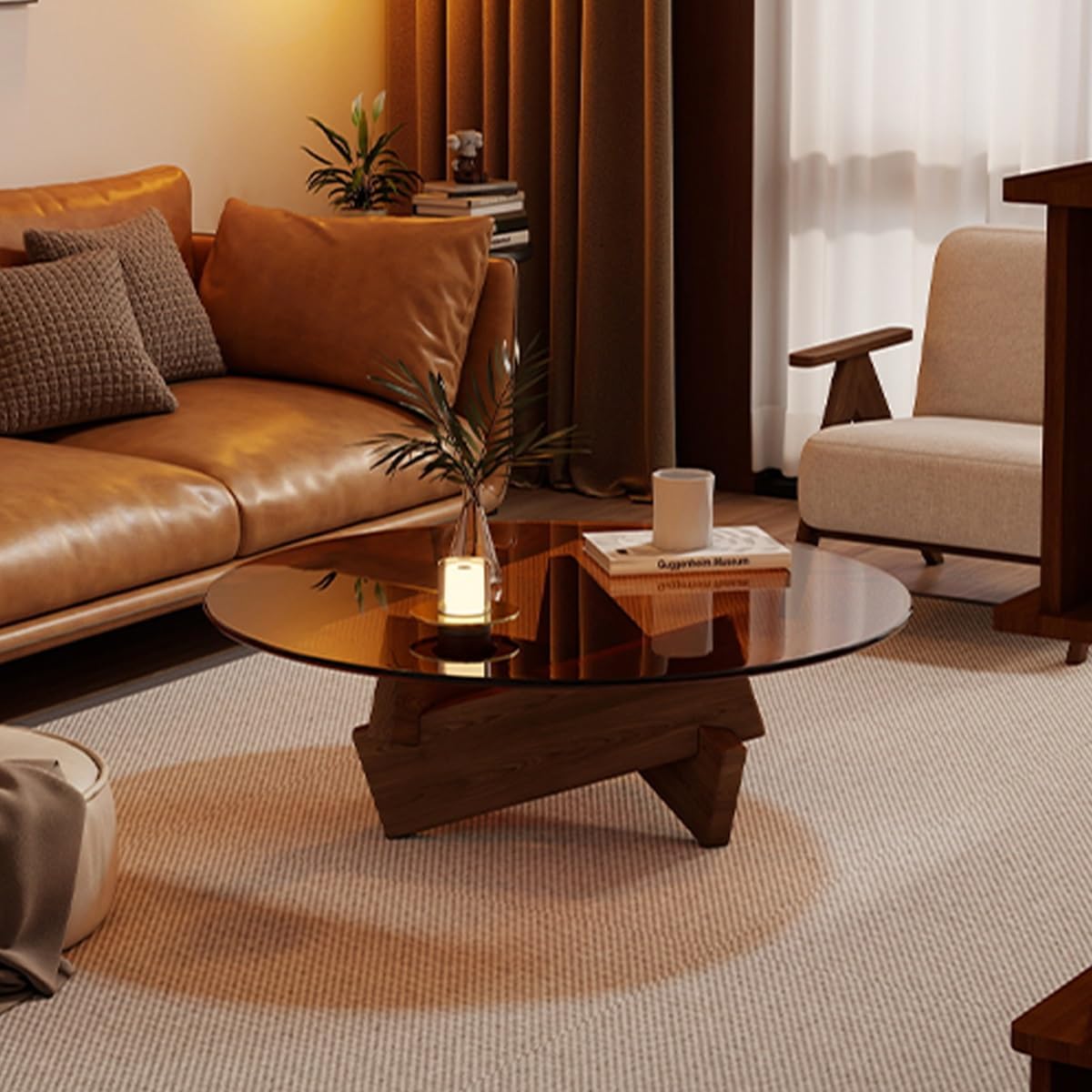 Couchtisch Rund Glas, Wohnzimmertisch, Zentraler Wohnzimmer-Couchtisch, Tischbeine Aus Massivholz, Minimalistisches Design für Wohnzimmer Oder Büro(Black,W80xH31cm/31x13in)