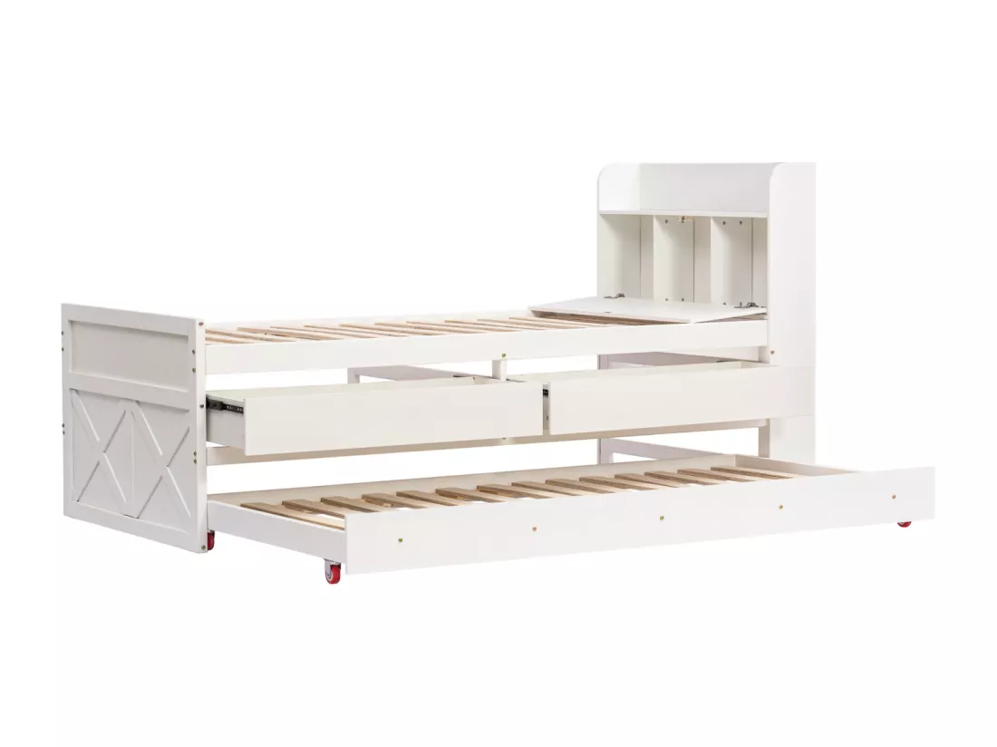 Lit gigogne 90x190cm, lit d'enfant avec tiroir extensible, sommier à lattes, tête de lit avec étagères de rangement et prise USB, blanc