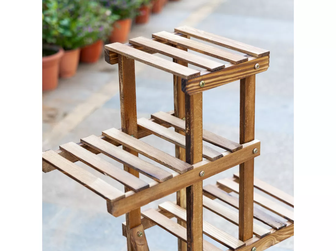 Étagère à fleurs en bois - porte plante bois 6 tablettes - dim. 98L x 28l x 95H cm - bois de sapin traité carbonisation