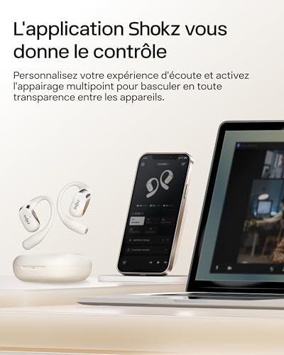 SHOKZ OpenFit 2 Casque à Oreilles Libres, écouteurs Bluetooth sans Fil avec Micro, écouteurs avec Crochet d’oreille et 48 Heures de Lecture, Charge Rapide, résistance IP55, Sac de Transport, Beige