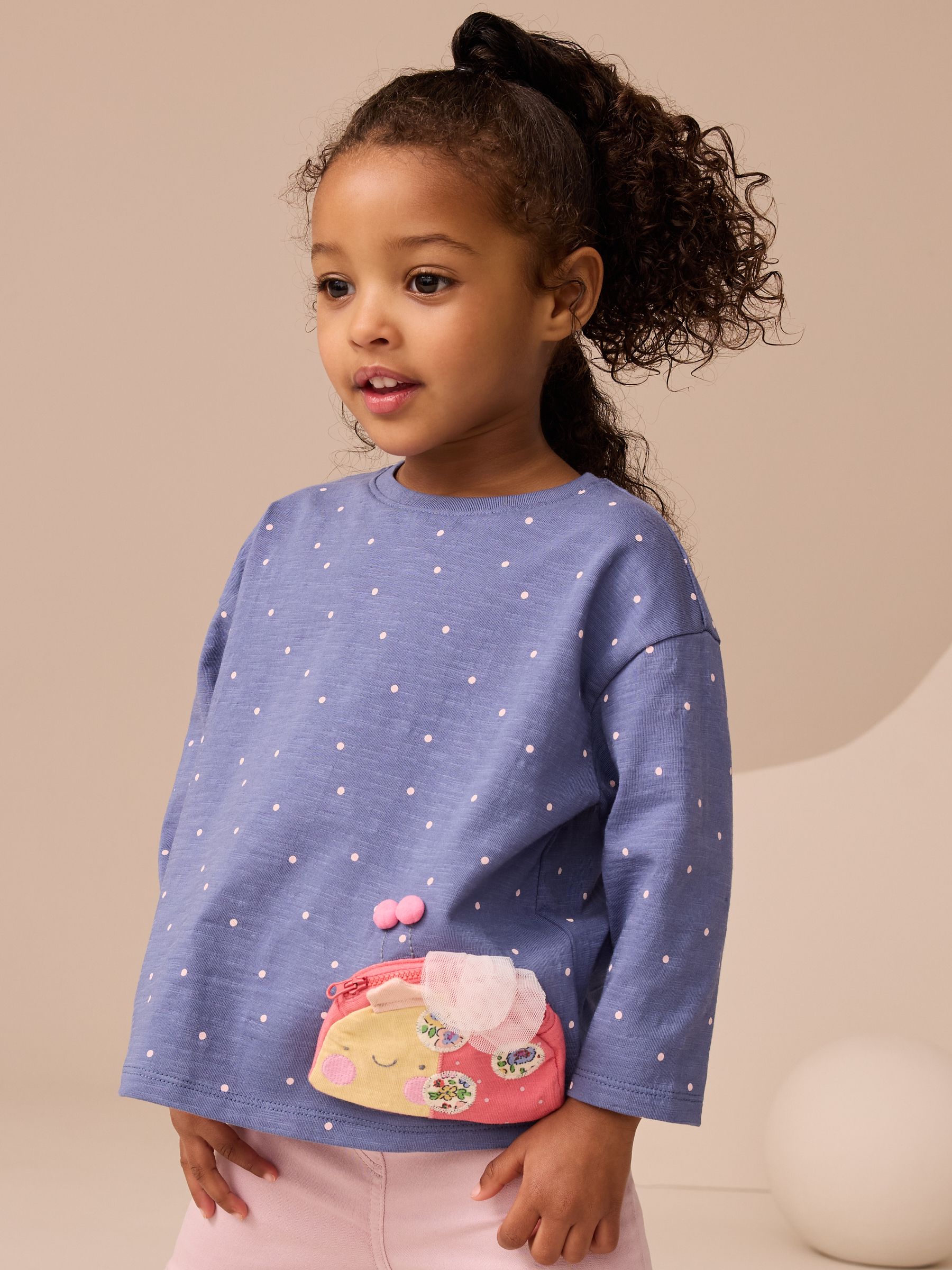 Marineblauw gestippeld met lieveheersbeestje - T-shirt met lange mouwen en tas (3 mnd-7 jr)