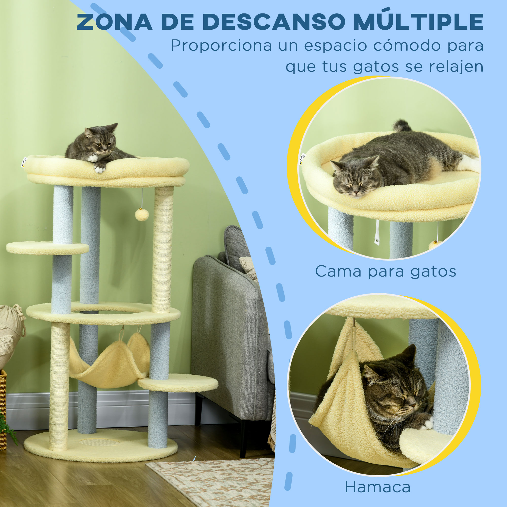 Arranhador PawHut tamanho médio para gatos, 110 cm, torre para gatos, centro de atividades para gatinhos com rede, poste de sisal e bola pendurada, Ø58x110 cm, amarelo e azul.
