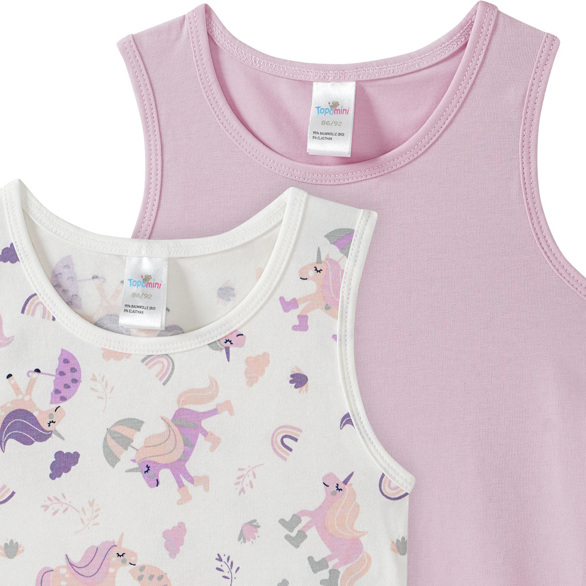 Topomini 2 Baby Unterhemden mit Einhorn-Motiv helllila / weiss