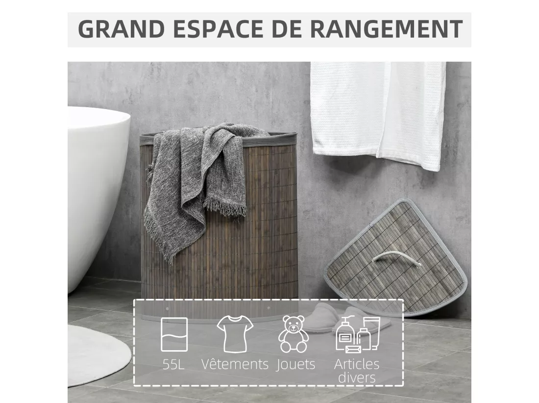 Panier à linge d'angle corbeille à linge bac à linge 55 L couvercle sac amovible poignée bambou tissu gris