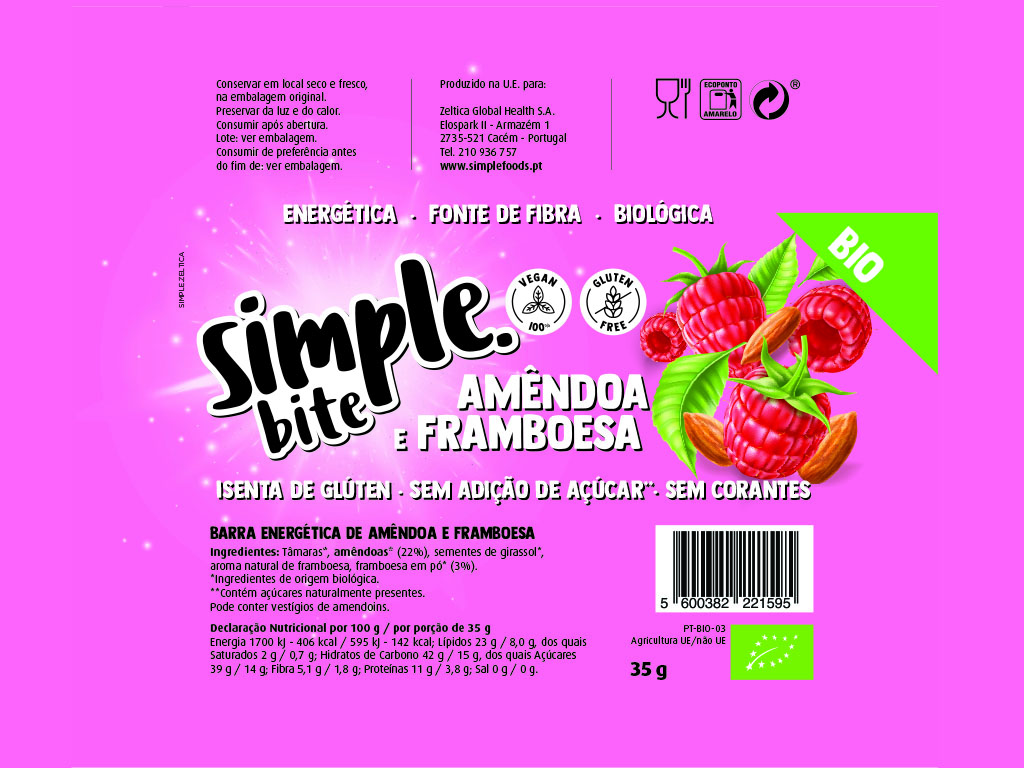 BARRA SIMPLE AMÊNDOA FRAMBOESA BIO BITE 35G