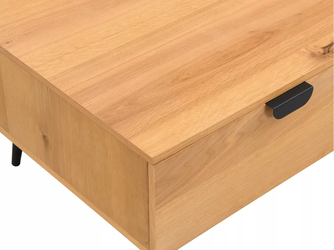 Table basse avec 2 tiroirs et 2 niches placage chêne et acier - Naturel clair et Noir - SINOLO
