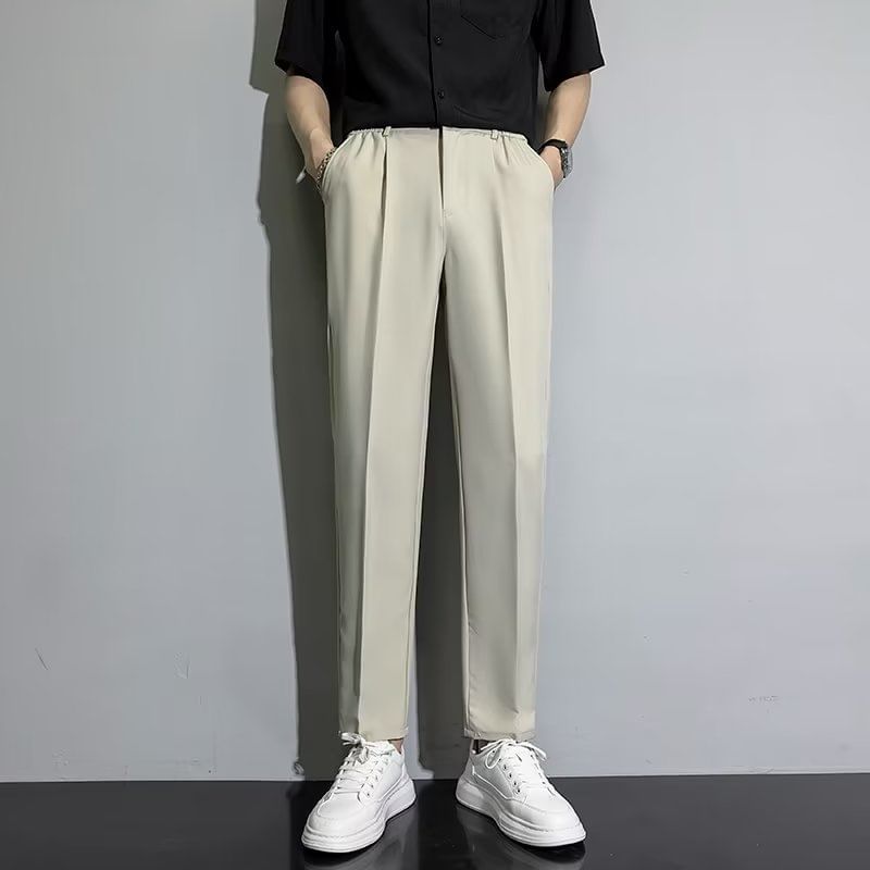 Loansk - Mid Rise Plain Cropped Tapered Dress Pants