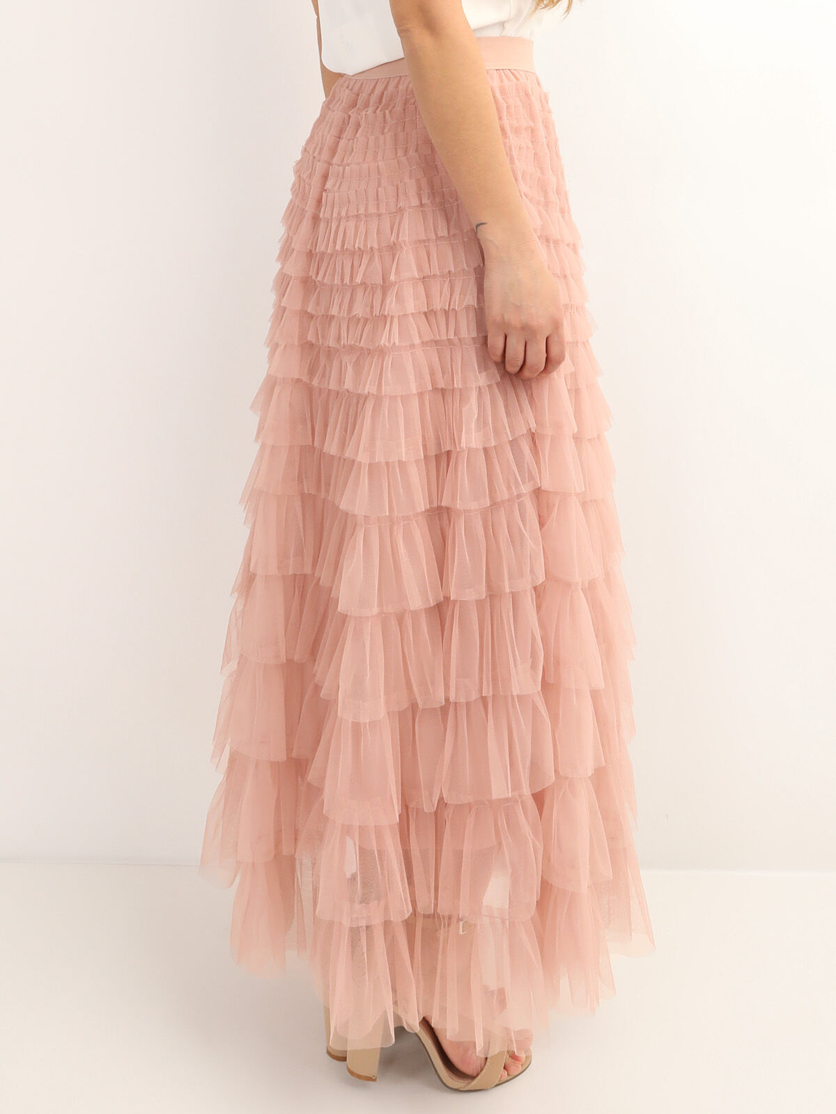 Jupe longue en tulle à volants- Vieux rose