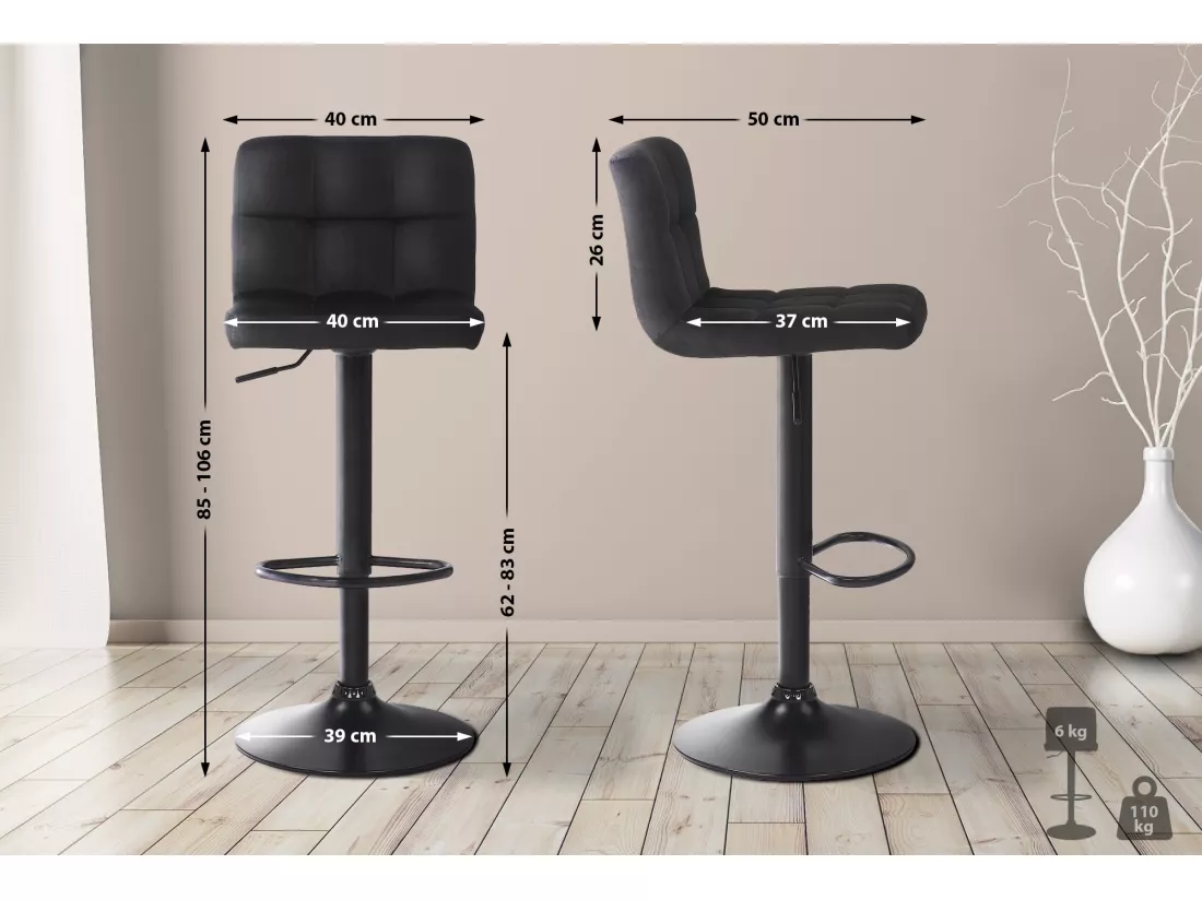 Tabouret de bar - Velours & Blanc - Noir - Feni